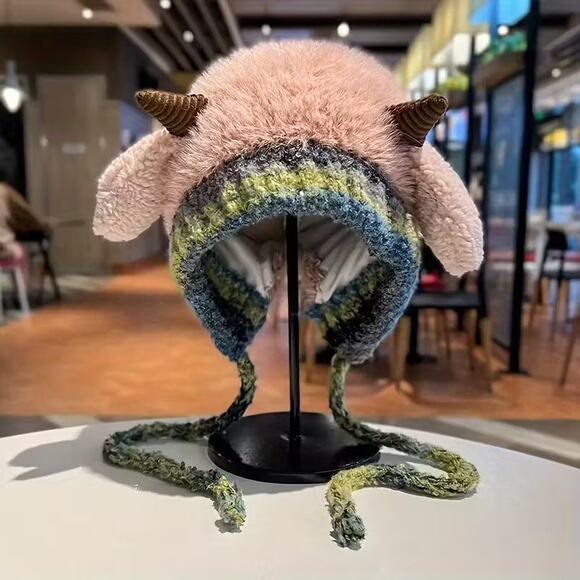 Handmade Adult Fuzzy Horned Ram Winter Pink Hat Animal Ear Fluffy Beanie - Picture 1 of 2